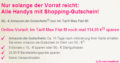 Sichern Sie sich einen 50 EURO-Gutschein für Amazon.de als Dankeschön für T-Mobile-Kunden im Tarif Max Flat M!